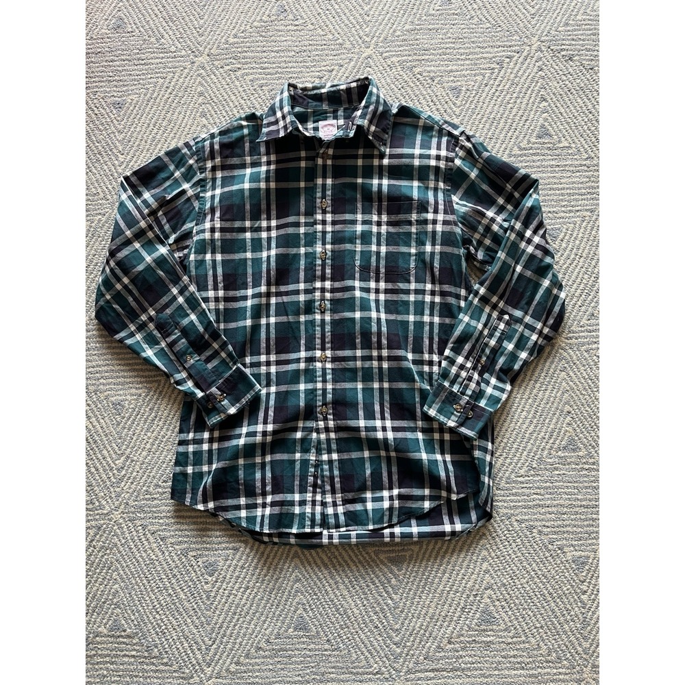 Brooks Brothers Long Sleeve Flannel Button Madison Shirt - Green/Blue/White - M